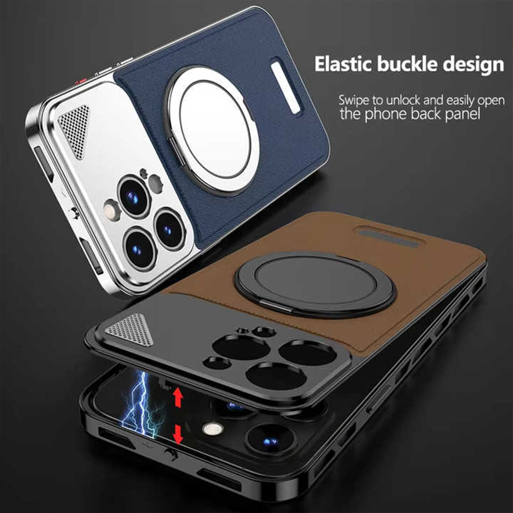 iPhone Aluminum Leather Pop Buckle Case for Apple Swivel Stand