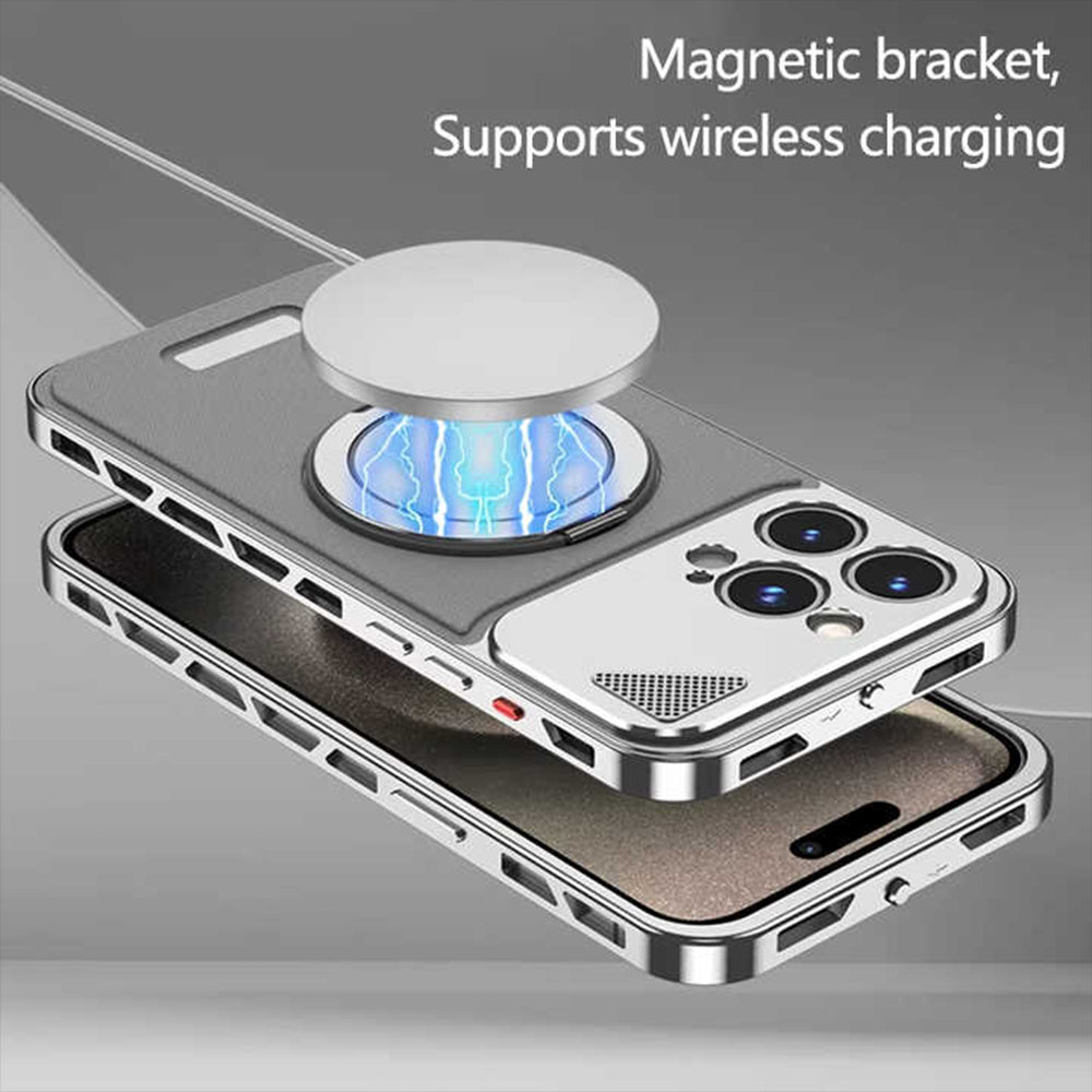 iPhone Aluminum Leather Pop Buckle Case for Apple Swivel Stand