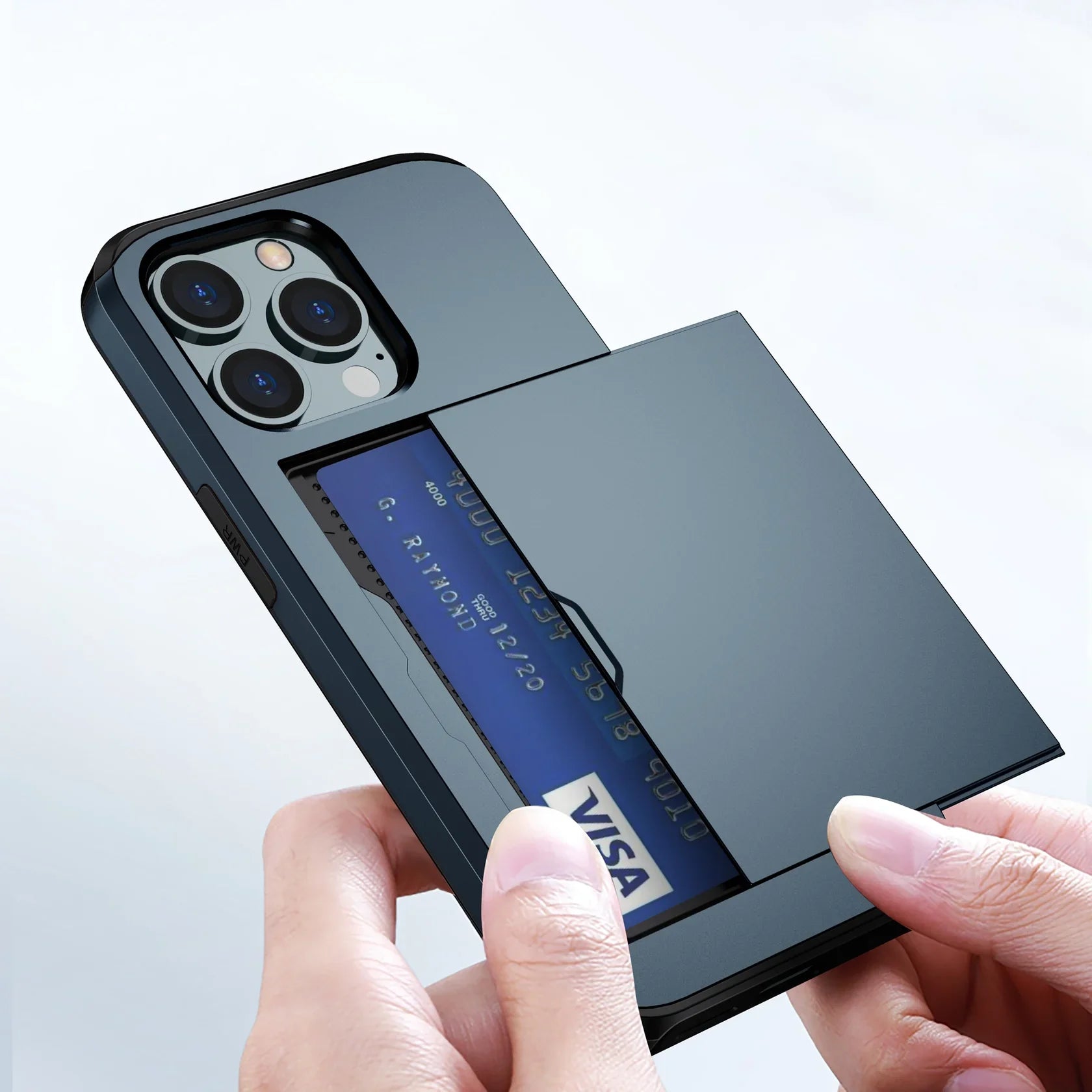 Bugario SlideShield Card Holder Case – Slim Shockproof Wallet Cover w/ Sliding Back Compartment, Anti-Scratch TPU + PC – iPhone 15/14/13/12