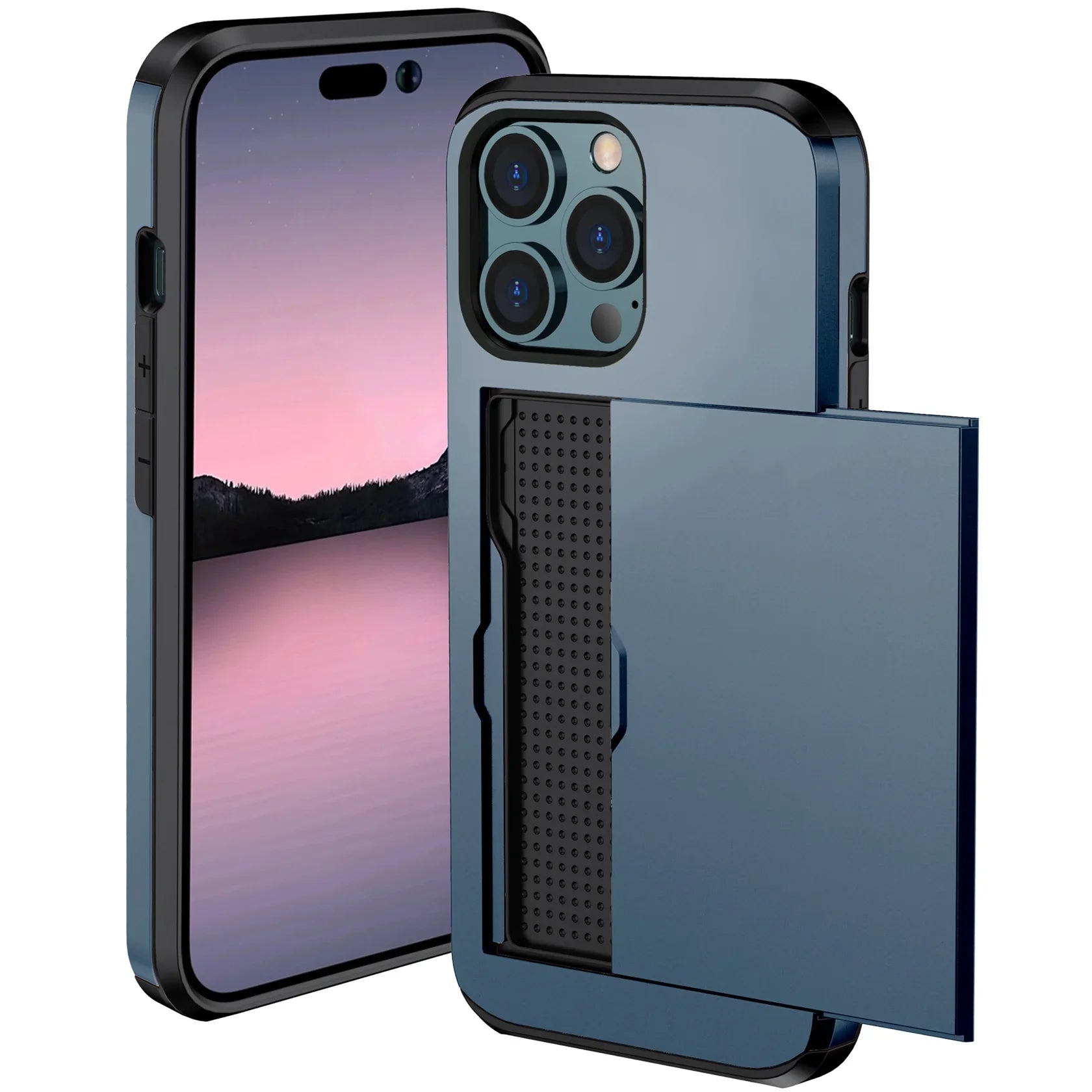 Bugario SlideShield Card Holder Case – Slim Shockproof Wallet Cover w/ Sliding Back Compartment, Anti-Scratch TPU + PC – iPhone 15/14/13/12