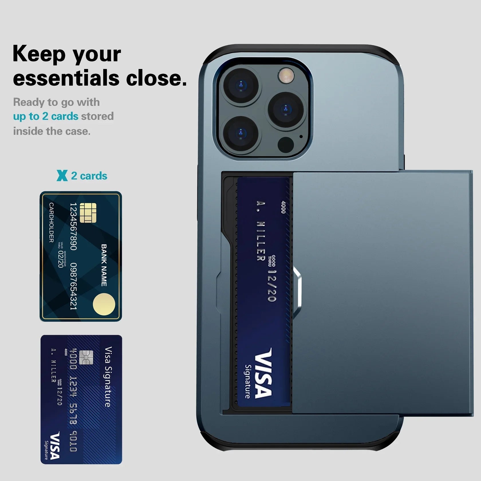 Bugario SlideShield Card Holder Case – Slim Shockproof Wallet Cover w/ Sliding Back Compartment, Anti-Scratch TPU + PC – iPhone 15/14/13/12