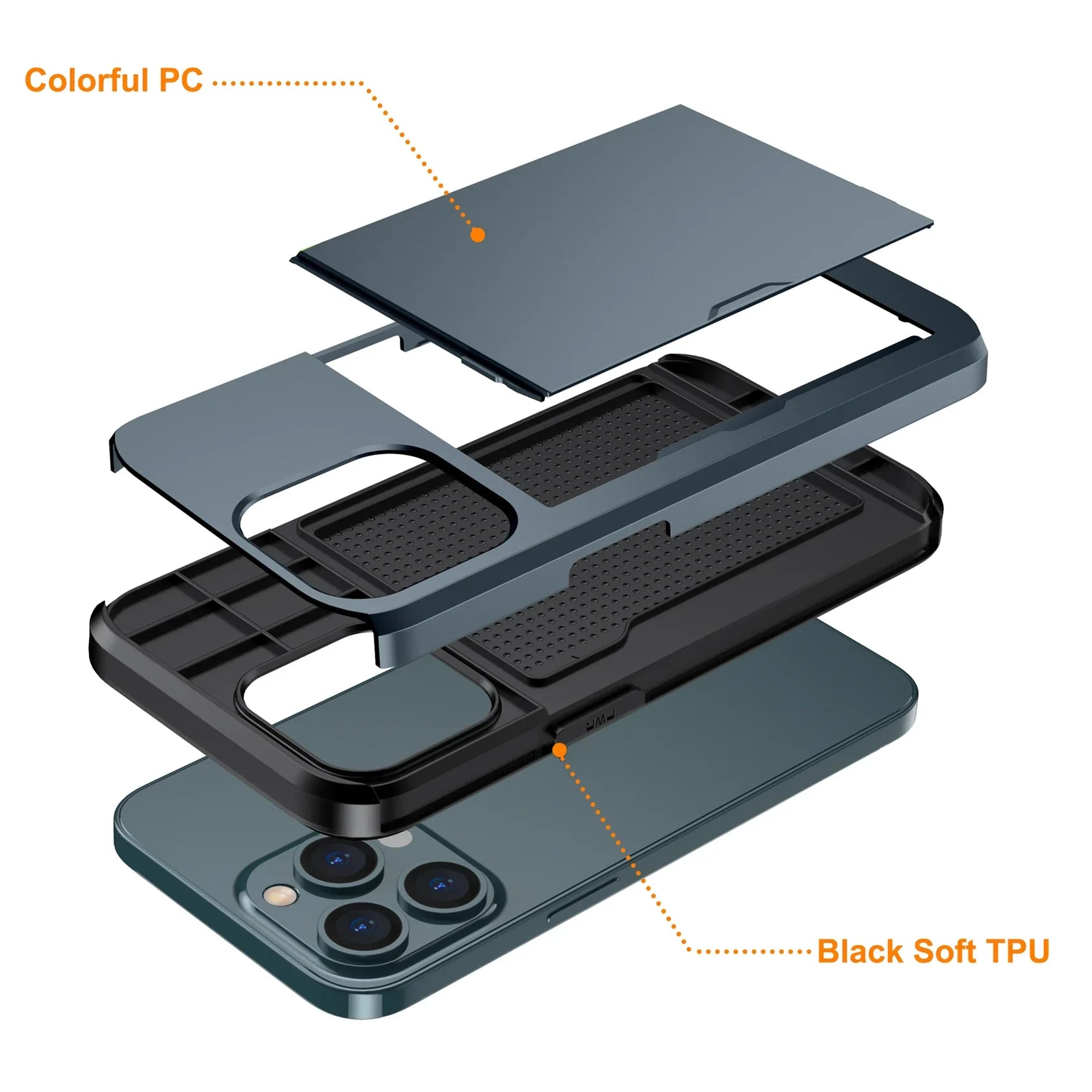 Bugario SlideShield Card Holder Case – Slim Shockproof Wallet Cover w/ Sliding Back Compartment, Anti-Scratch TPU + PC – iPhone 15/14/13/12
