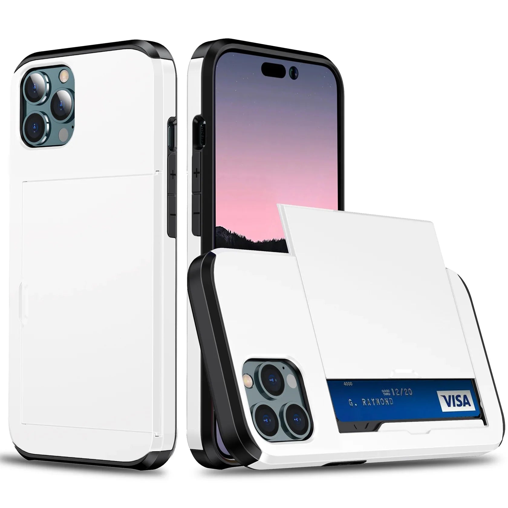 Bugario SlideShield Card Holder Case – Slim Shockproof Wallet Cover w/ Sliding Back Compartment, Anti-Scratch TPU + PC – iPhone 15/14/13/12