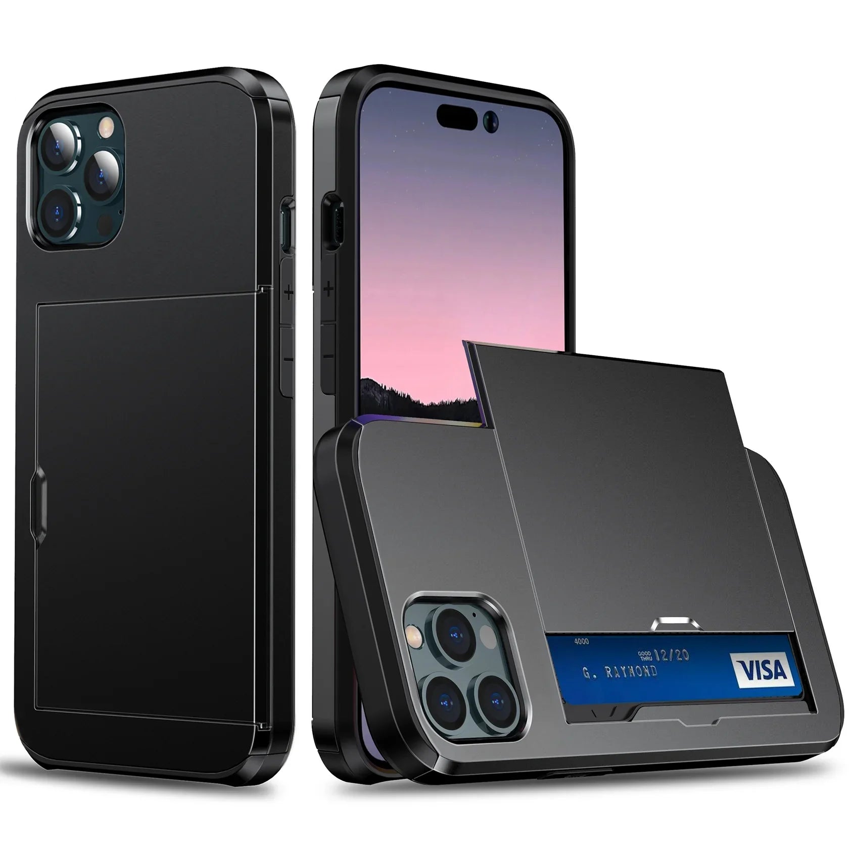 Bugario SlideShield Card Holder Case – Slim Shockproof Wallet Cover w/ Sliding Back Compartment, Anti-Scratch TPU + PC – iPhone 15/14/13/12