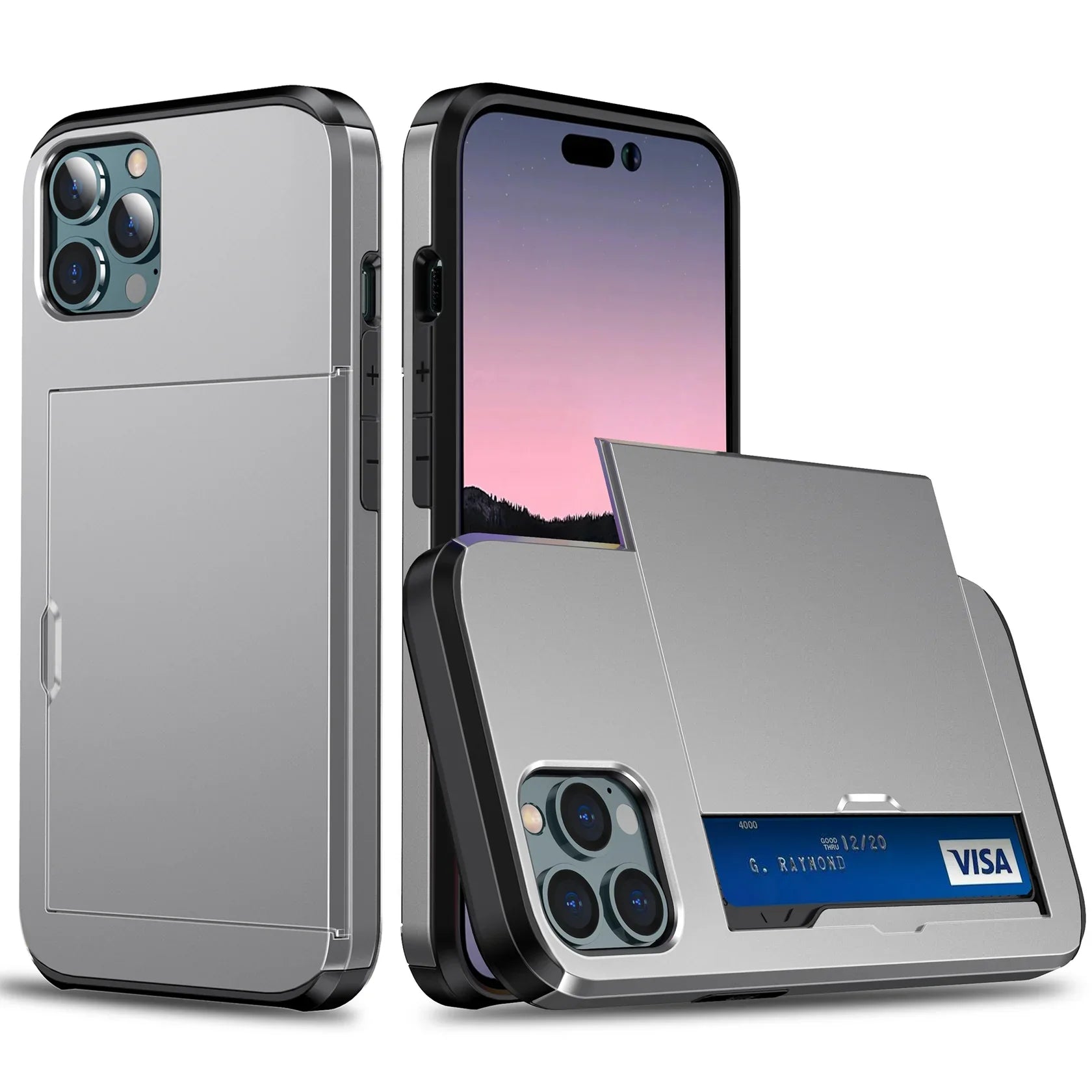 Bugario SlideShield Card Holder Case – Slim Shockproof Wallet Cover w/ Sliding Back Compartment, Anti-Scratch TPU + PC – iPhone 15/14/13/12