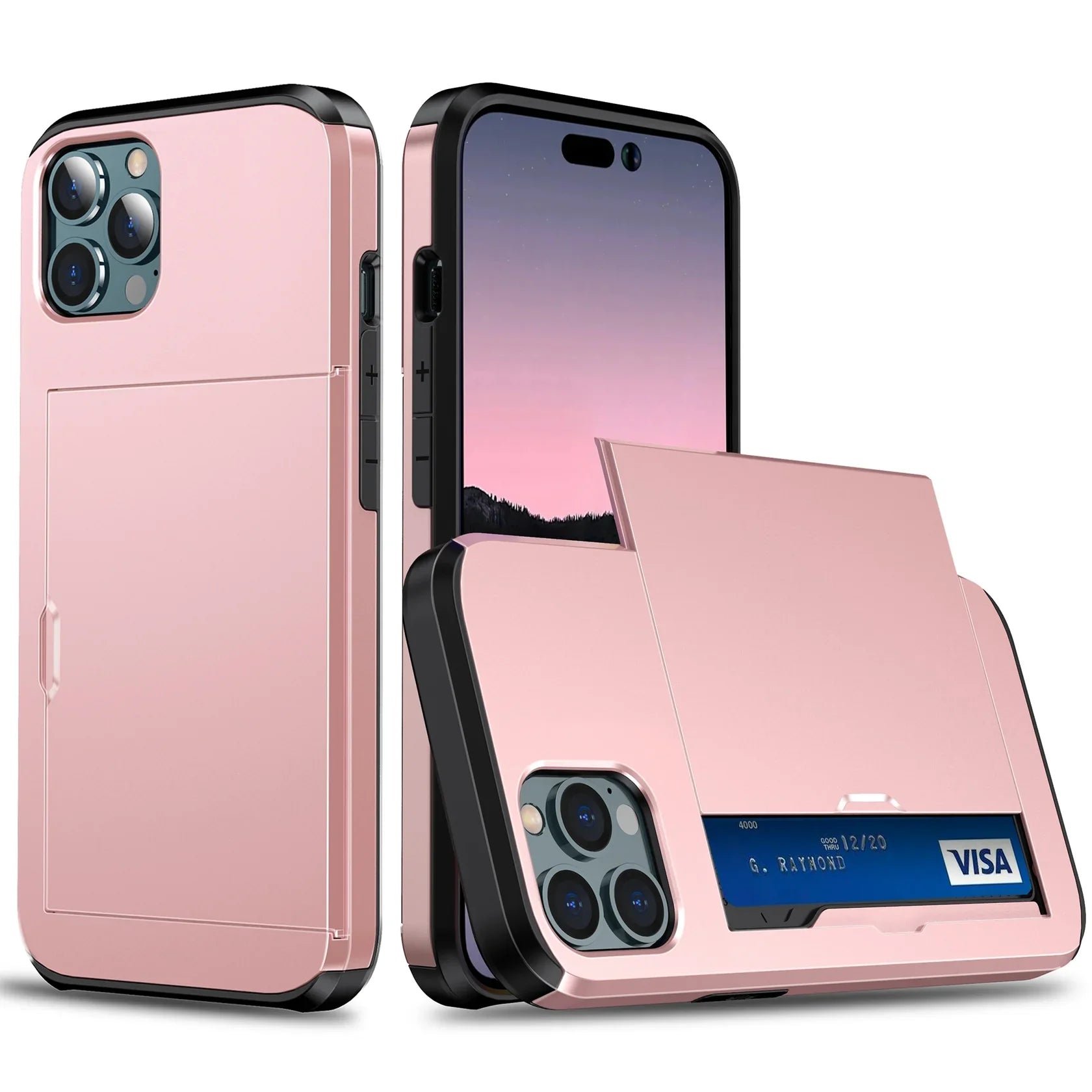 Bugario SlideShield Card Holder Case – Slim Shockproof Wallet Cover w/ Sliding Back Compartment, Anti-Scratch TPU + PC – iPhone 15/14/13/12