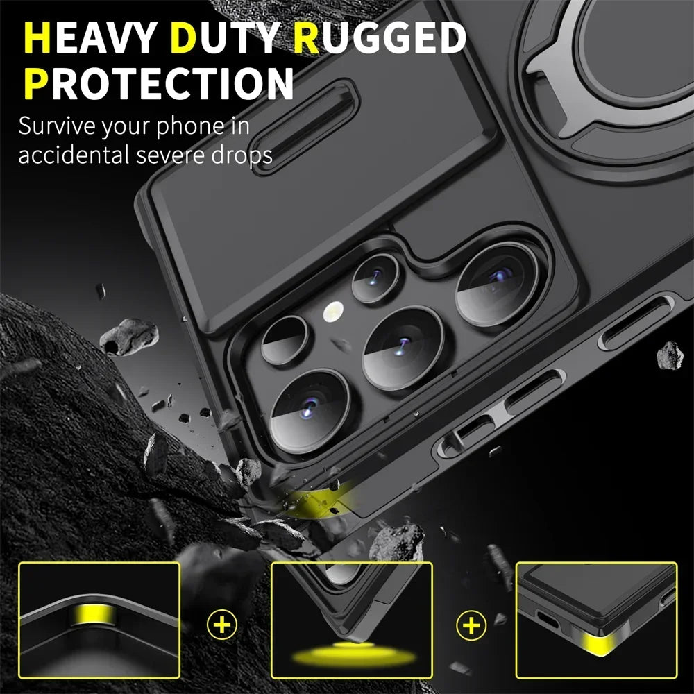 Bugario TitanRing Pro Cover – 360° Rotating Ring Kickstand MagSafe Case, Shockproof Hybrid TPU + PC Protection